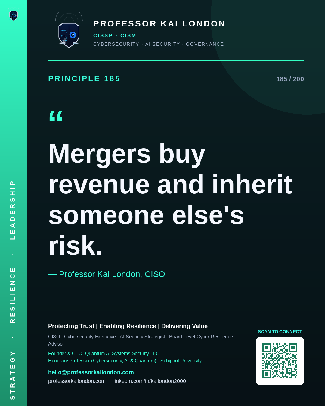 Professor Kai London cybersecurity principle 185: "Mergers buy revenue and inherit someone else's risk." — CISO, AI security & cyber resilience advisor.