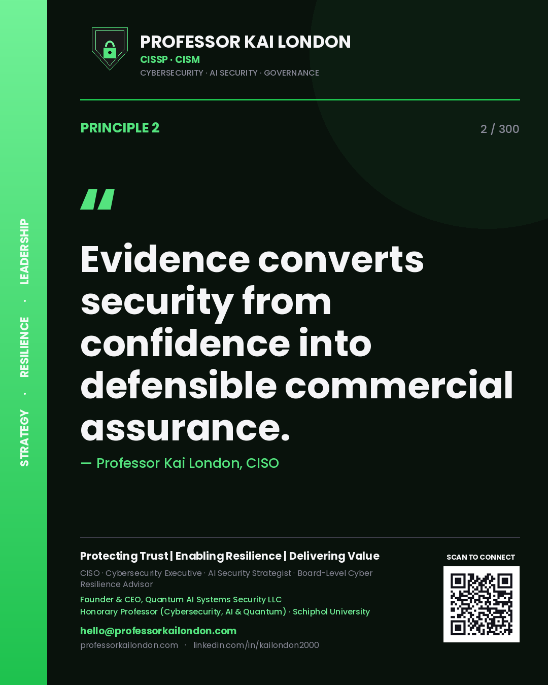 Evidence converts security from confidence into defensible commercial assurance. — Professor Kai London, CISO. Principle 2 of 300 on Evidence / GRC.