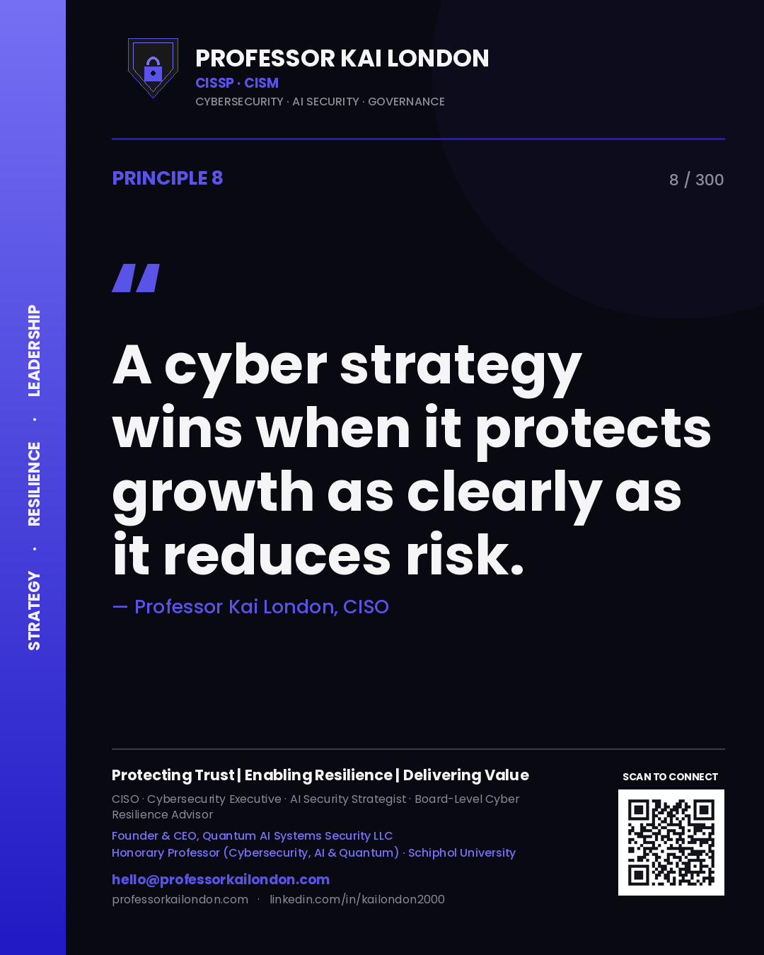 A cyber strategy wins when it protects growth as clearly as it reduces risk. — Professor Kai London, CISO. Principle 8 of 300 on Strategy.
