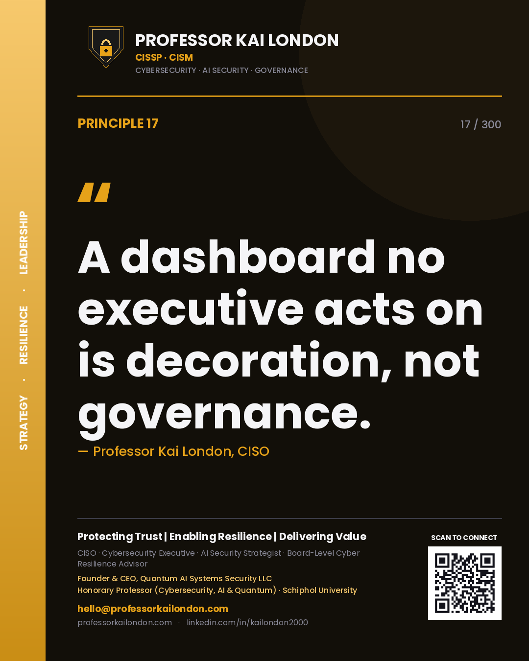 A dashboard no executive acts on is decoration, not governance. — Professor Kai London, CISO. Principle 17 of 300 on Reporting.