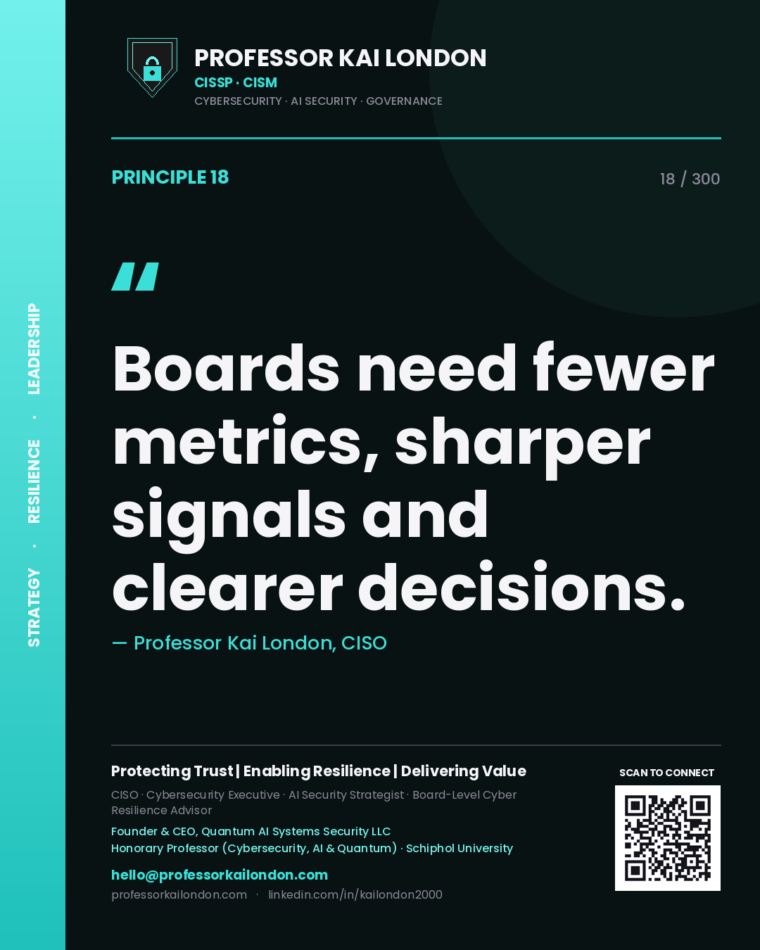 Boards need fewer metrics, sharper signals and clearer decisions. — Professor Kai London, CISO. Principle 18 of 300 on Board Reporting.