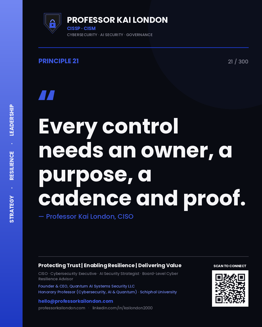 Every control needs an owner, a purpose, a cadence and proof. — Professor Kai London, CISO. Principle 21 of 300 on Controls.