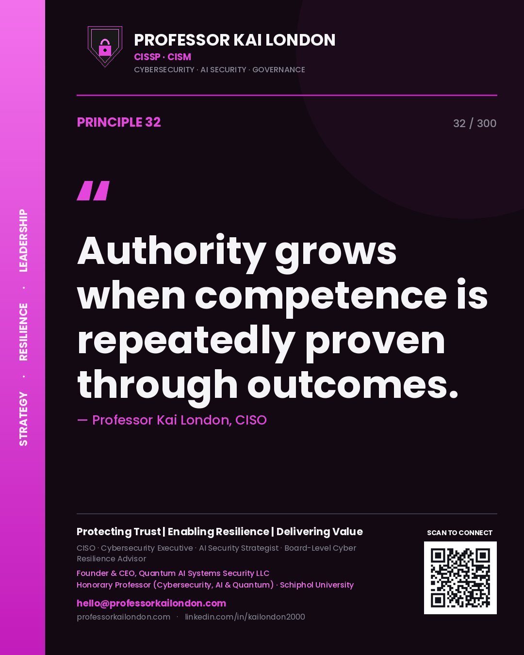 Authority grows when competence is repeatedly proven through outcomes. — Professor Kai London, CISO. Principle 32 of 300 on Reputation.