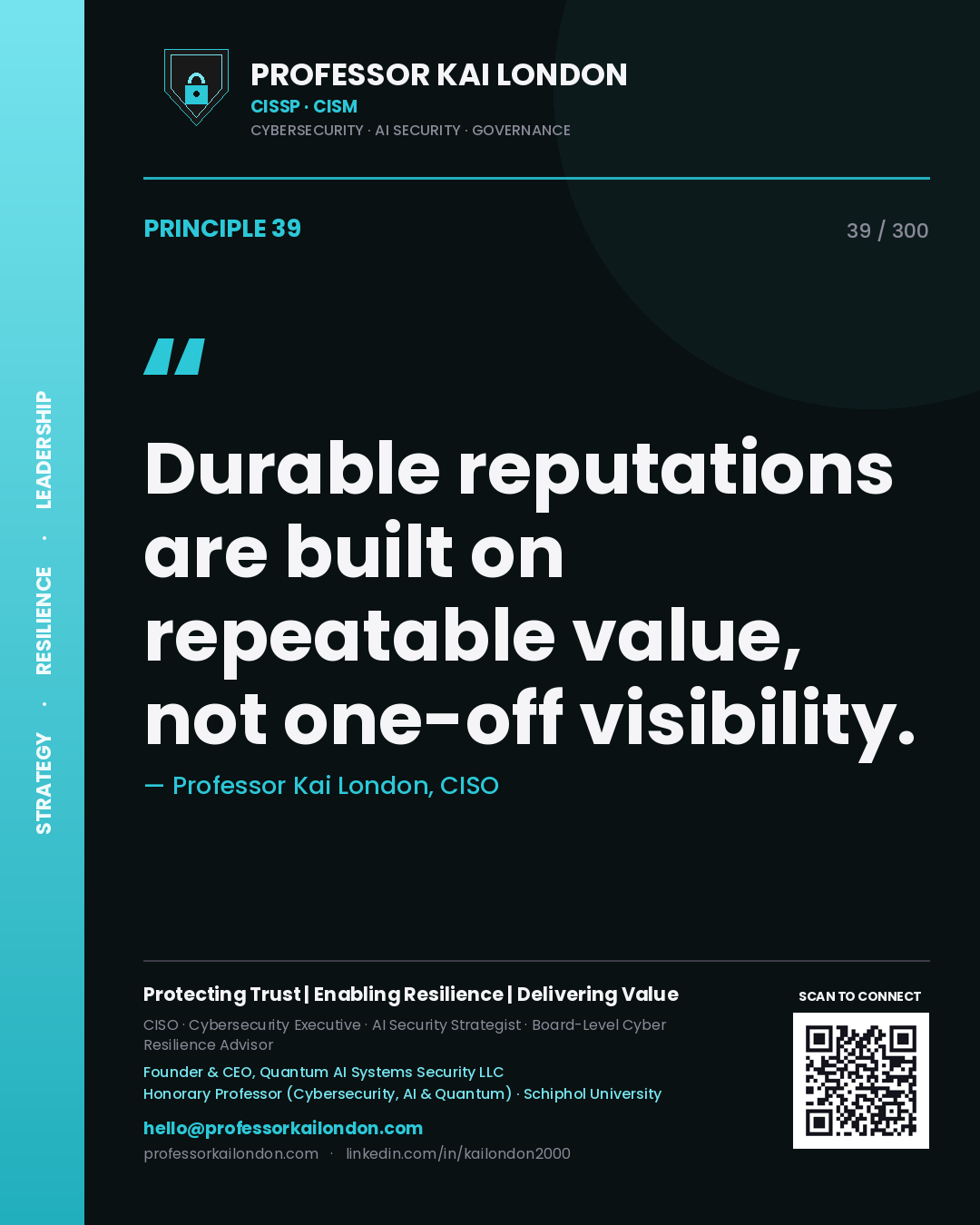 Durable reputations are built on repeatable value, not one-off visibility. — Professor Kai London, CISO. Principle 39 of 300 on Reputation.