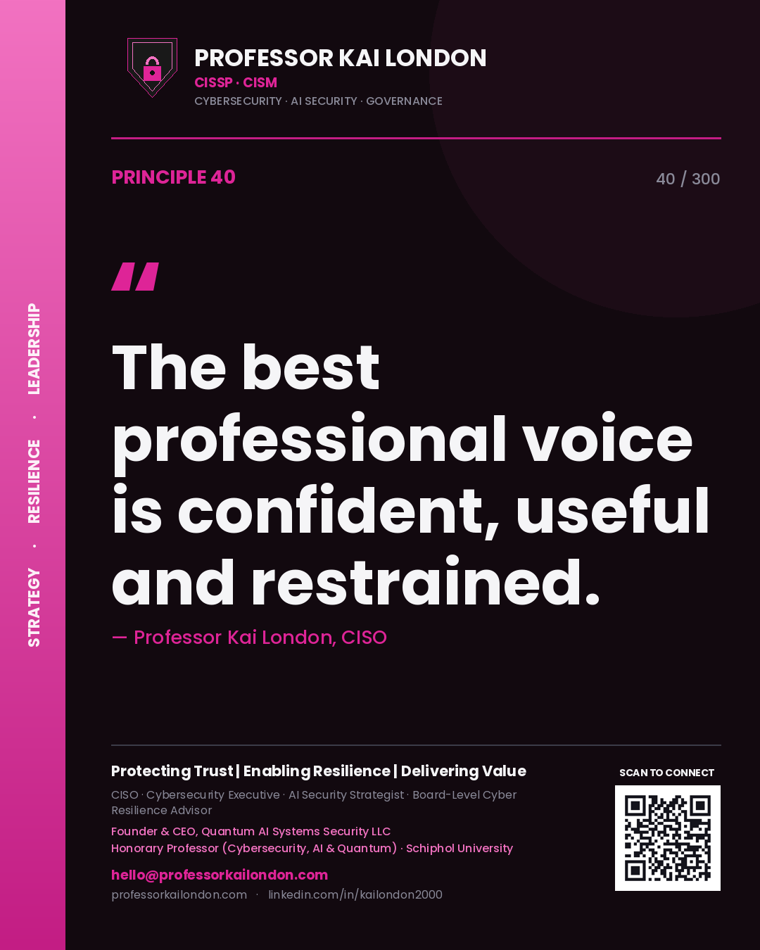 The best professional voice is confident, useful and restrained. — Professor Kai London, CISO. Principle 40 of 300 on Executive Presence.