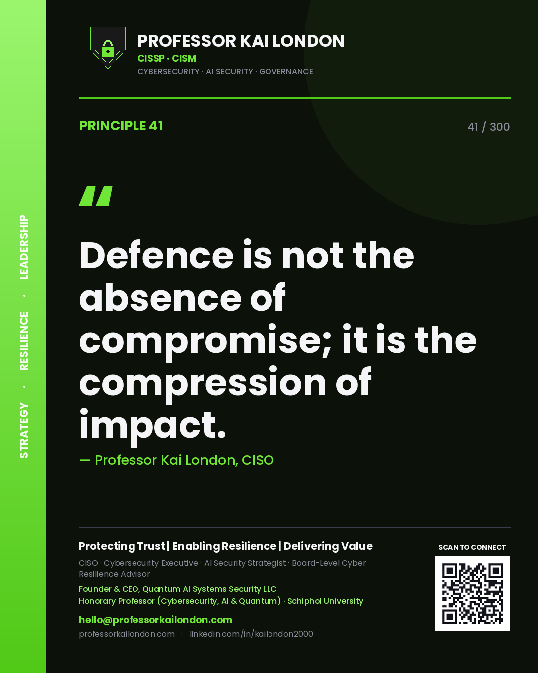 Defence is not the absence of compromise; it is the compression of impact. — Professor Kai London, CISO. Principle 41 of 300 on Cyber Defence.