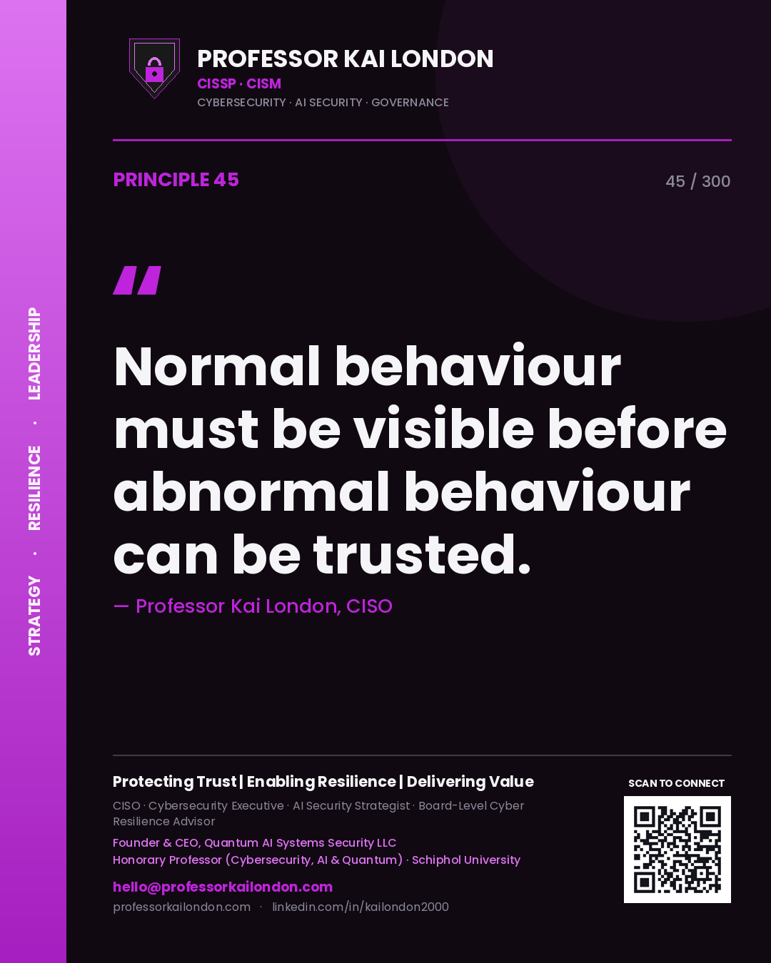 Normal behaviour must be visible before abnormal behaviour can be trusted. — Professor Kai London, CISO. Principle 45 of 300 on Detection.