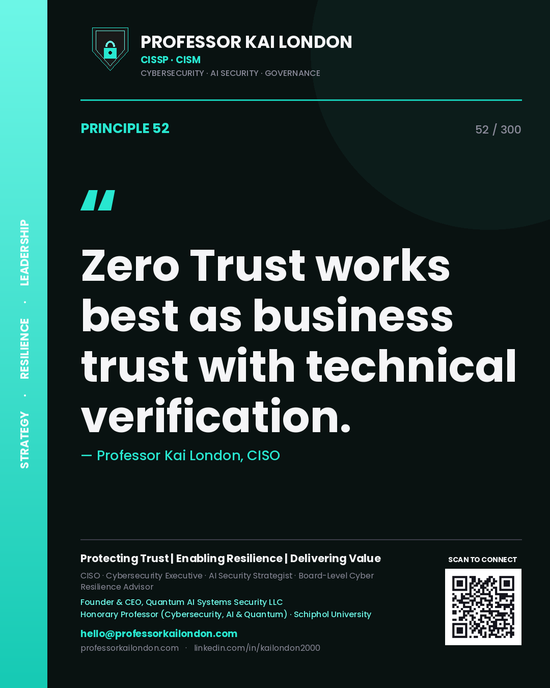 Zero Trust works best as business trust with technical verification. — Professor Kai London, CISO. Principle 52 of 300 on Zero Trust.