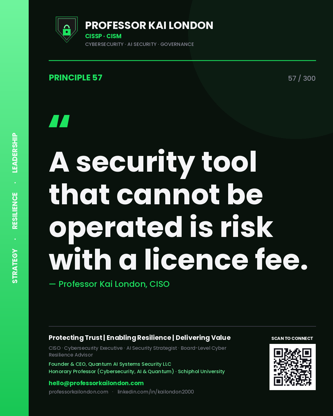 A security tool that cannot be operated is risk with a licence fee. — Professor Kai London, CISO. Principle 57 of 300 on SecOps.