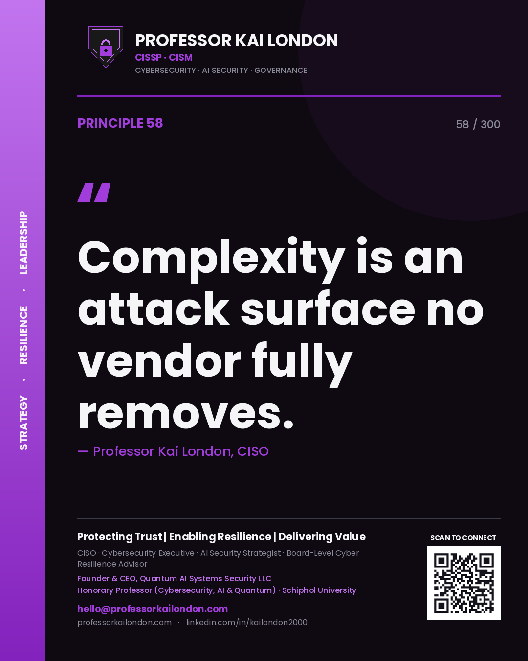 Complexity is an attack surface no vendor fully removes. — Professor Kai London, CISO. Principle 58 of 300 on Architecture.