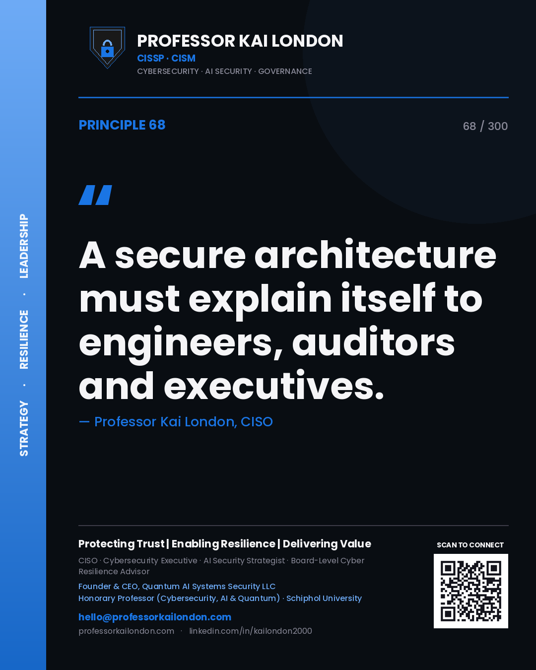 A secure architecture must explain itself to engineers, auditors and executives. — Professor Kai London, CISO. Principle 68 of 300 on Architecture.