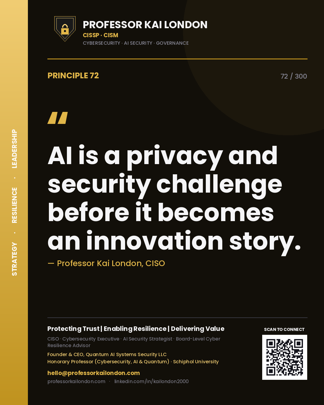 AI is a privacy and security challenge before it becomes an innovation story. — Professor Kai London, CISO. Principle 72 of 300 on AI Governance.