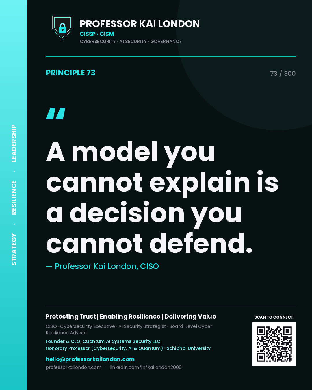 A model you cannot explain is a decision you cannot defend. — Professor Kai London, CISO. Principle 73 of 300 on AI Assurance.