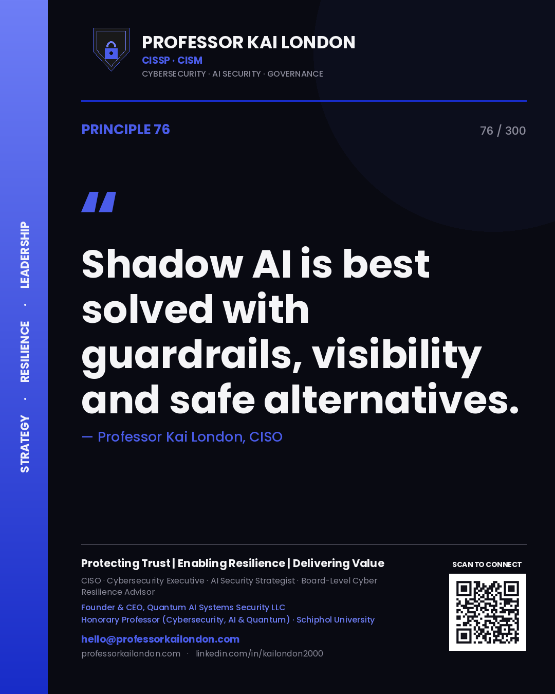 Shadow AI is best solved with guardrails, visibility and safe alternatives. — Professor Kai London, CISO. Principle 76 of 300 on Shadow AI.