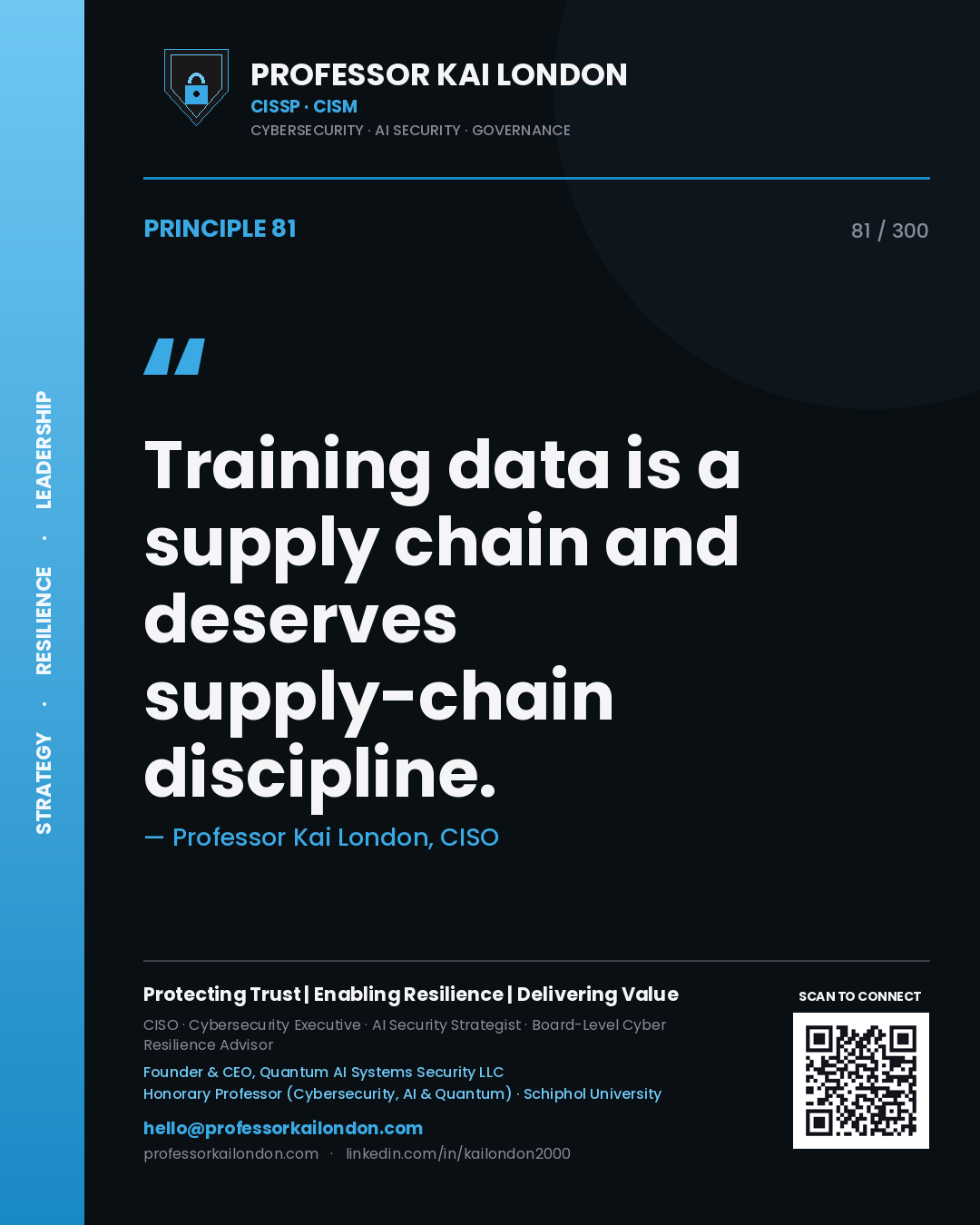 Training data is a supply chain and deserves supply-chain discipline. — Professor Kai London, CISO. Principle 81 of 300 on AI Supply Chain.