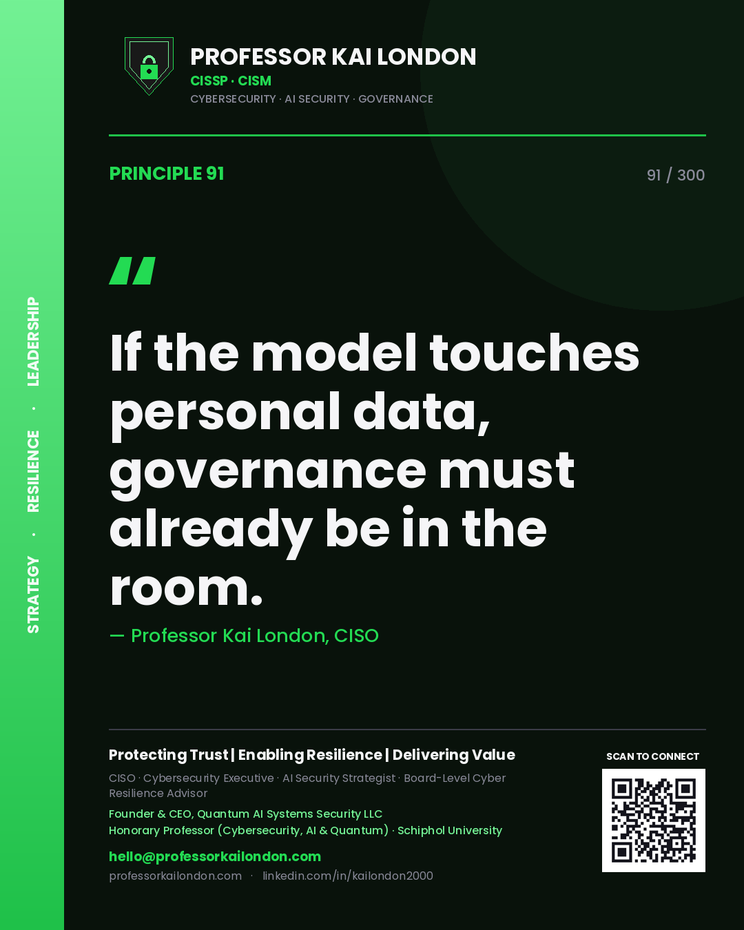 If the model touches personal data, governance must already be in the room. — Professor Kai London, CISO. Principle 91 of 300 on AI Compliance.