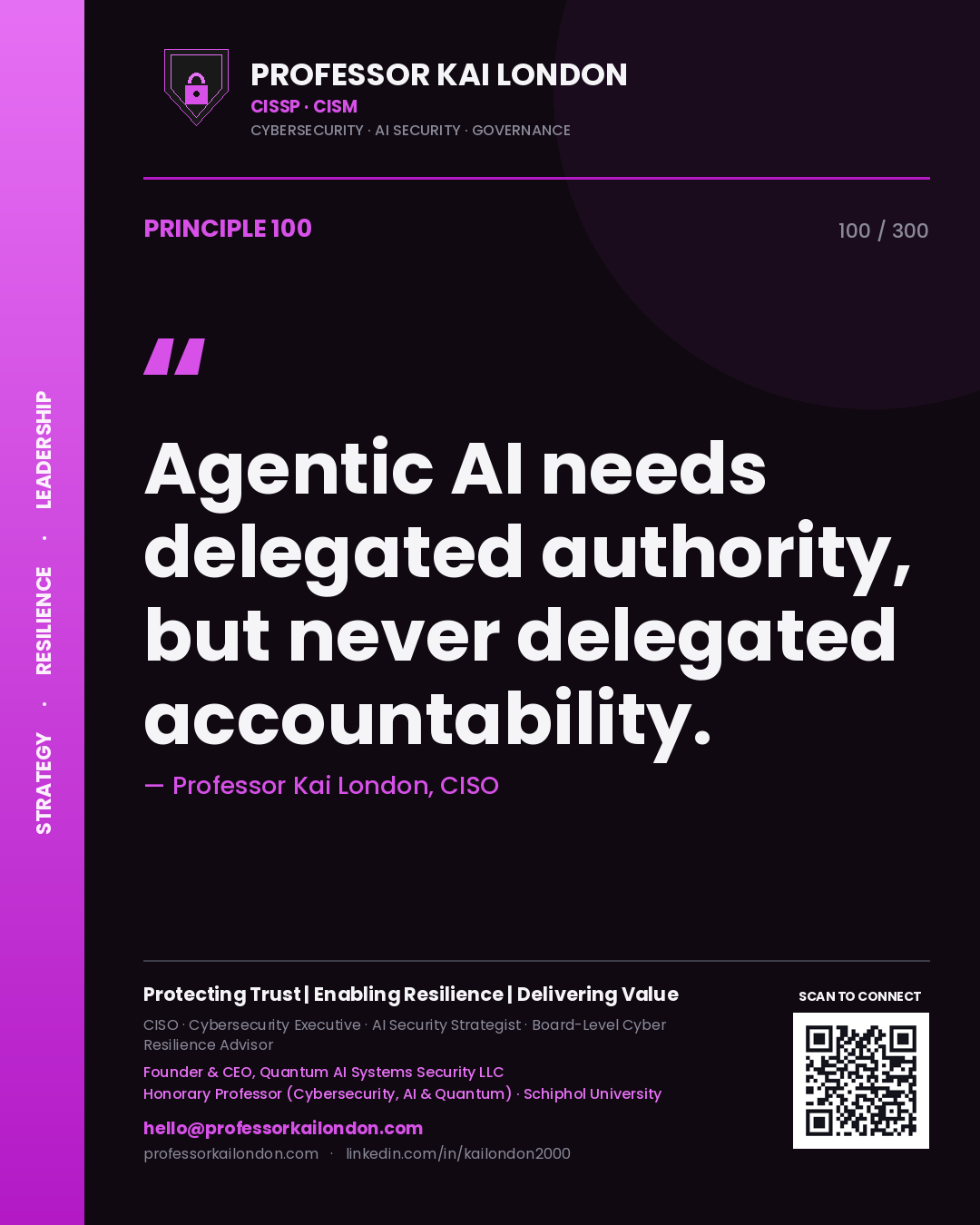 Agentic AI needs delegated authority, but never delegated accountability. — Professor Kai London, CISO. Principle 100 of 300 on Agentic AI.
