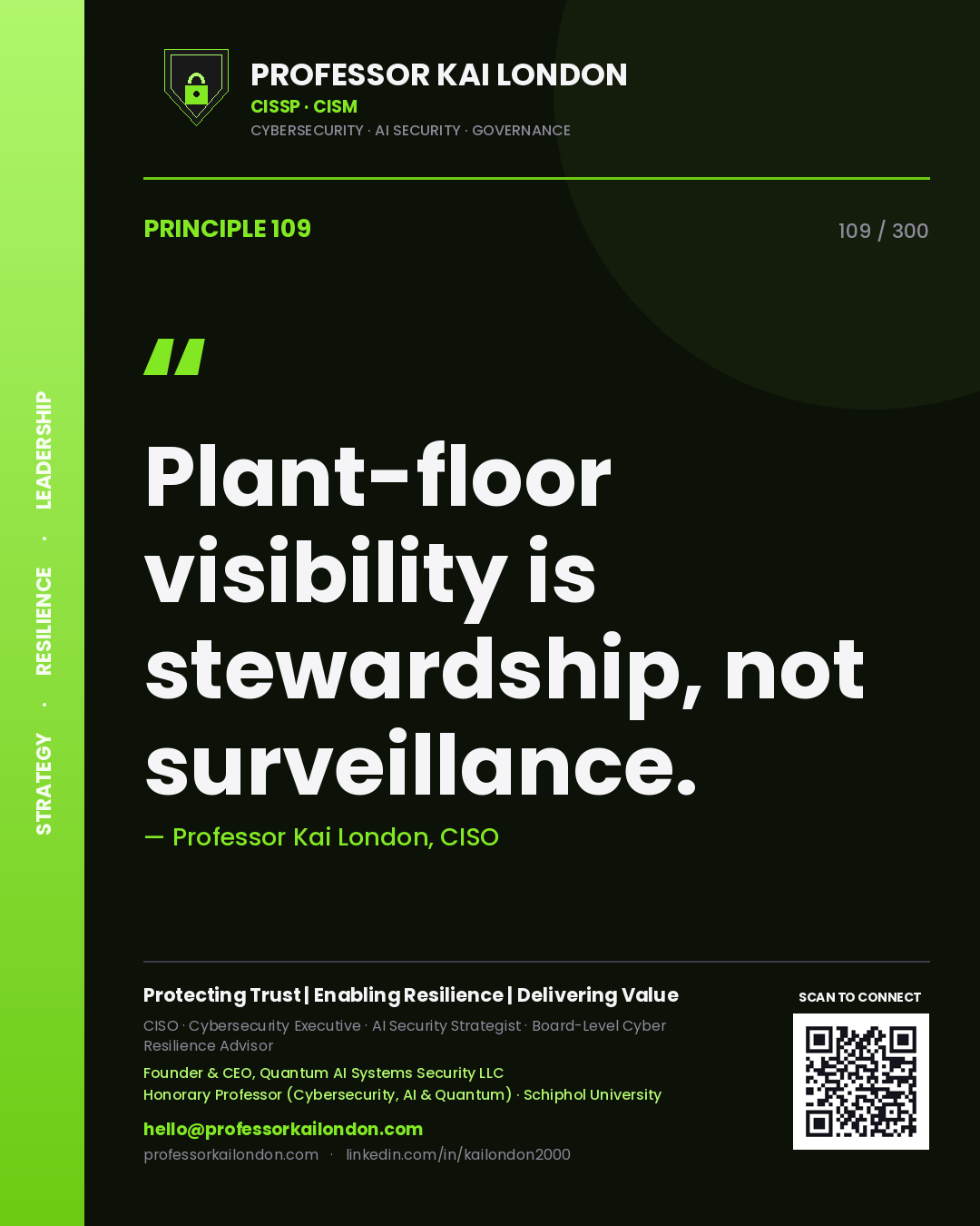 Plant-floor visibility is stewardship, not surveillance. — Professor Kai London, CISO. Principle 109 of 300 on OT Monitoring.