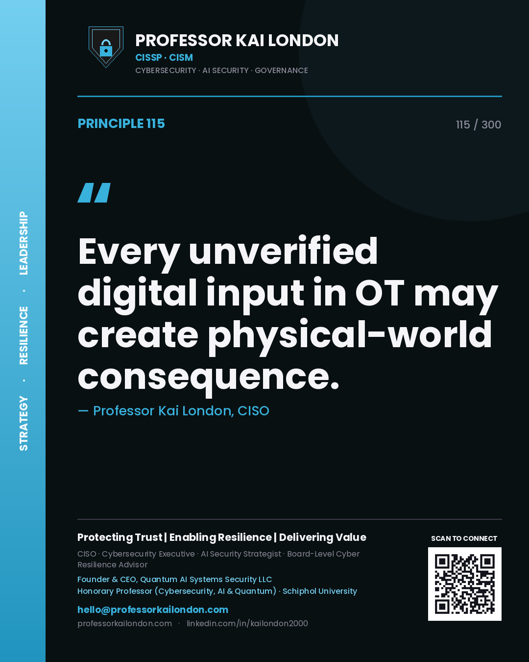 Every unverified digital input in OT may create physical-world consequence. — Professor Kai London, CISO. Principle 115 of 300 on OT / ICS.