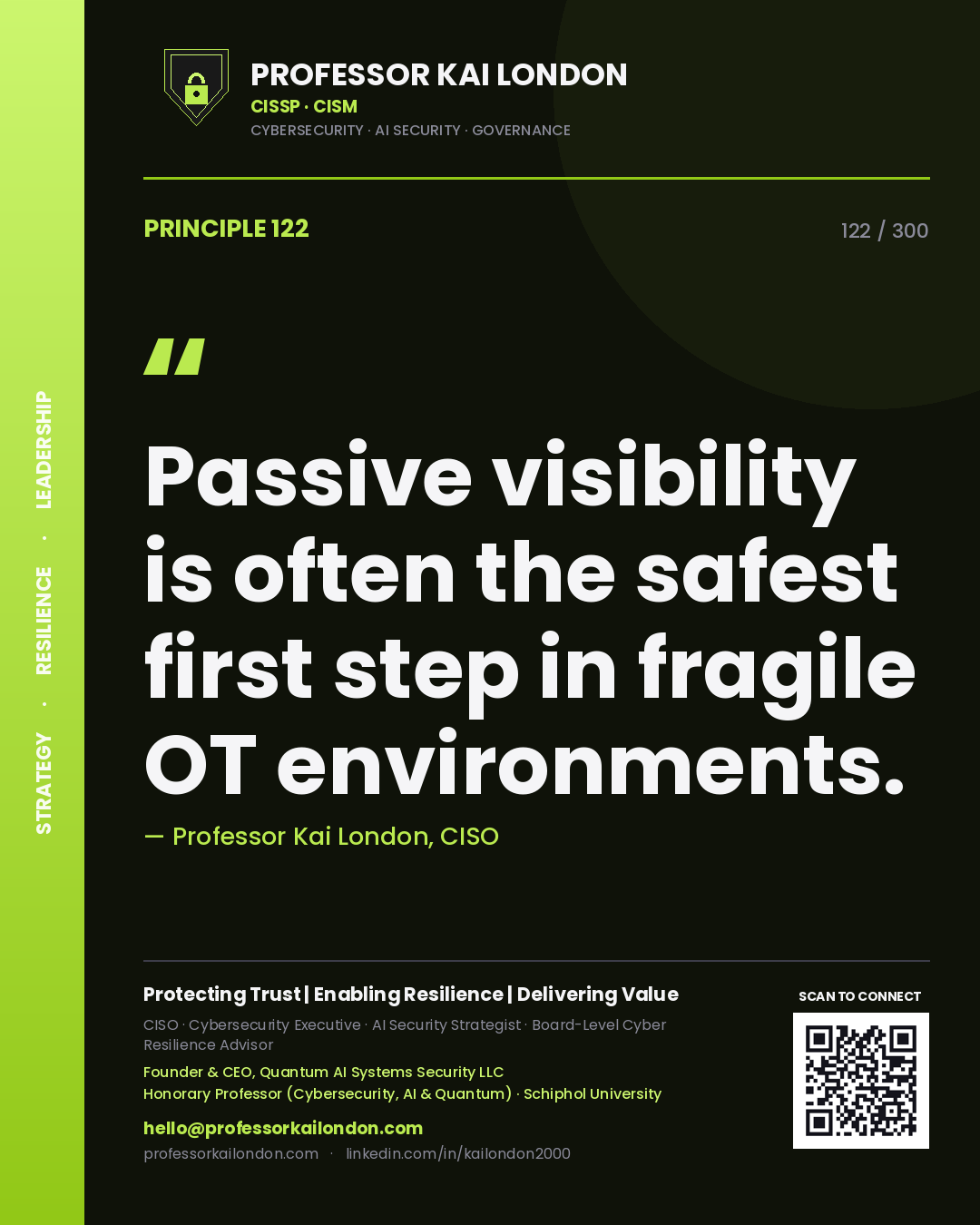 Passive visibility is often the safest first step in fragile OT environments. — Professor Kai London, CISO. Principle 122 of 300 on OT Monitoring.