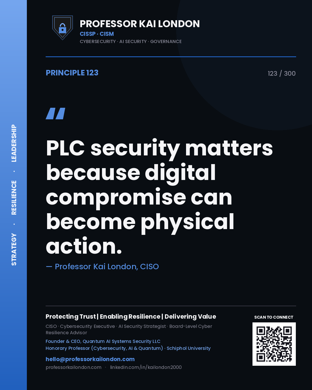 PLC security matters because digital compromise can become physical action. — Professor Kai London, CISO. Principle 123 of 300 on PLC Security.