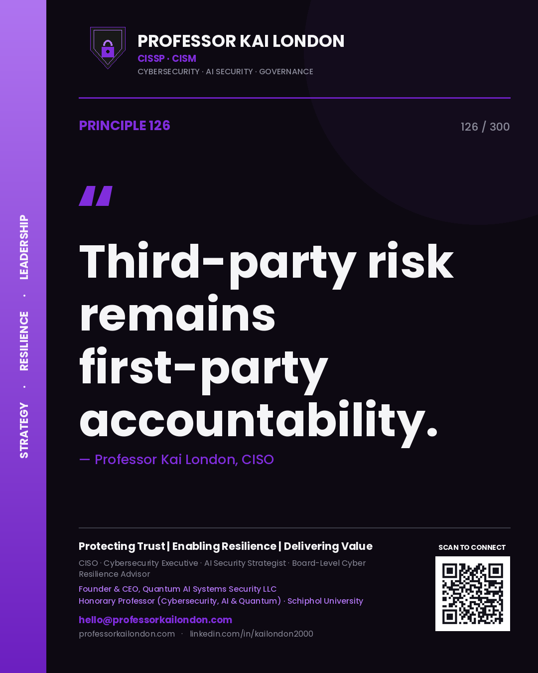 Third-party risk remains first-party accountability. — Professor Kai London, CISO. Principle 126 of 300 on Supplier Risk.