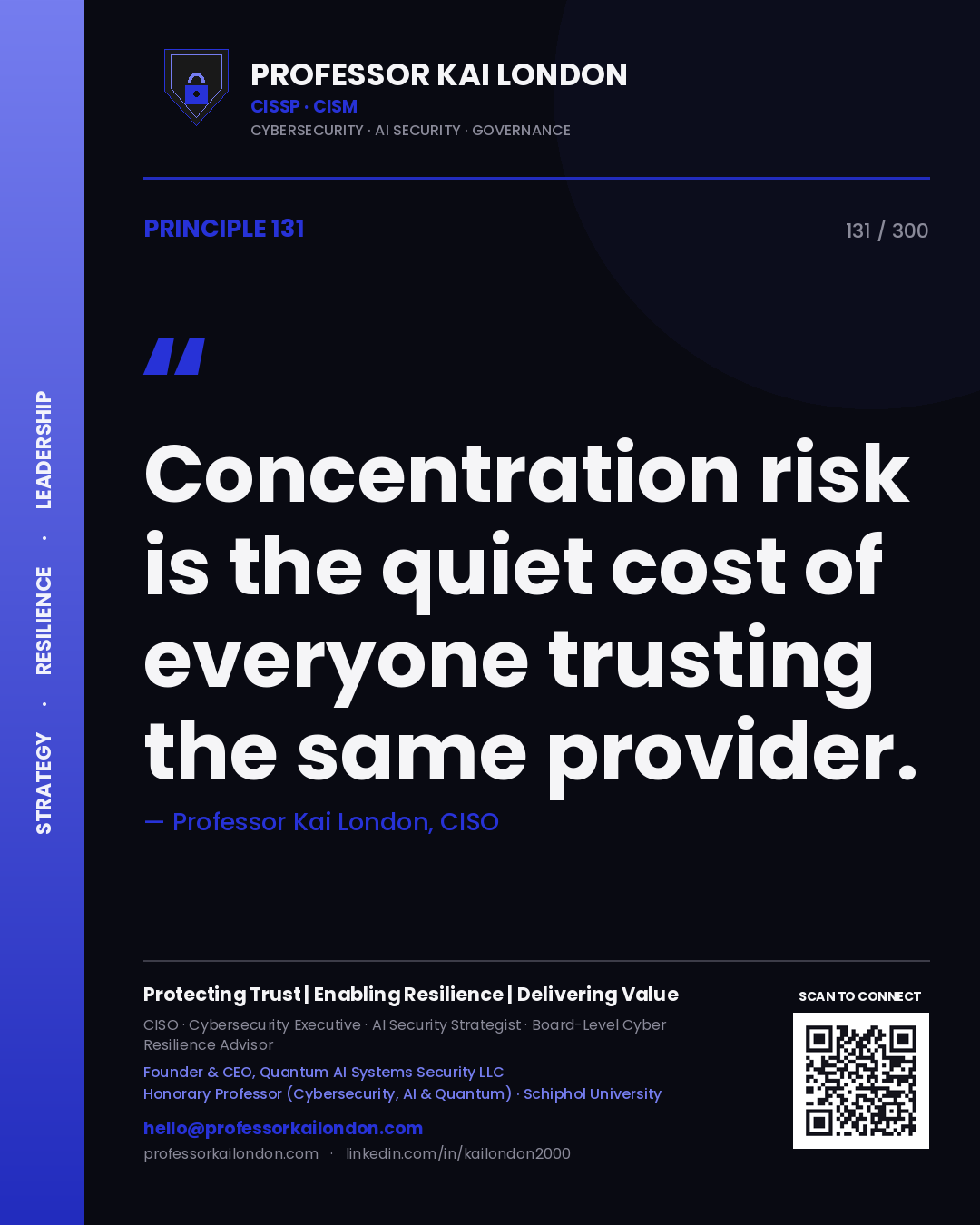 Concentration risk is the quiet cost of everyone trusting the same provider. — Professor Kai London, CISO. Principle 131 of 300 on Systemic Risk.