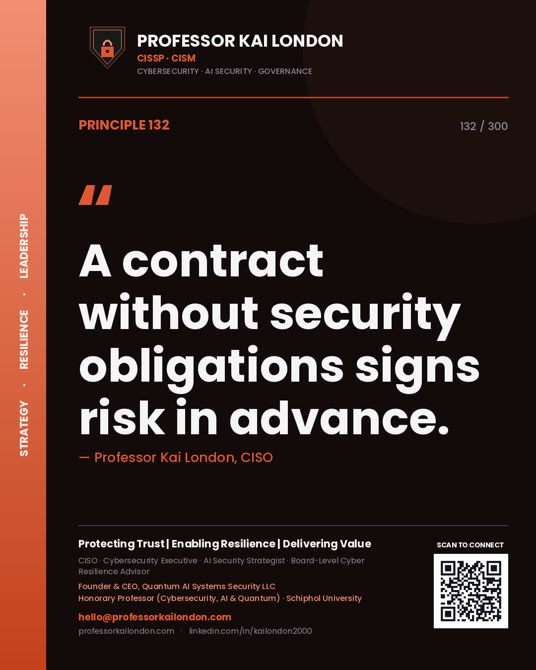 A contract without security obligations signs risk in advance. — Professor Kai London, CISO. Principle 132 of 300 on Procurement.