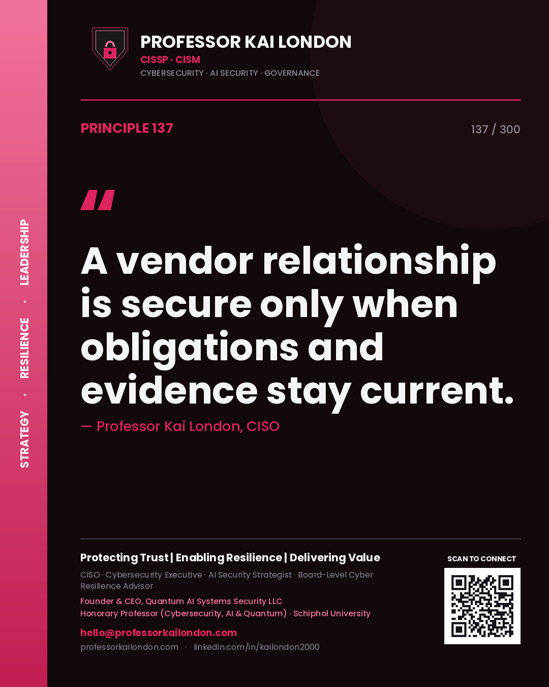A vendor relationship is secure only when obligations and evidence stay current. — Professor Kai London, CISO. Principle 137 of 300 on Third-Party Governance.