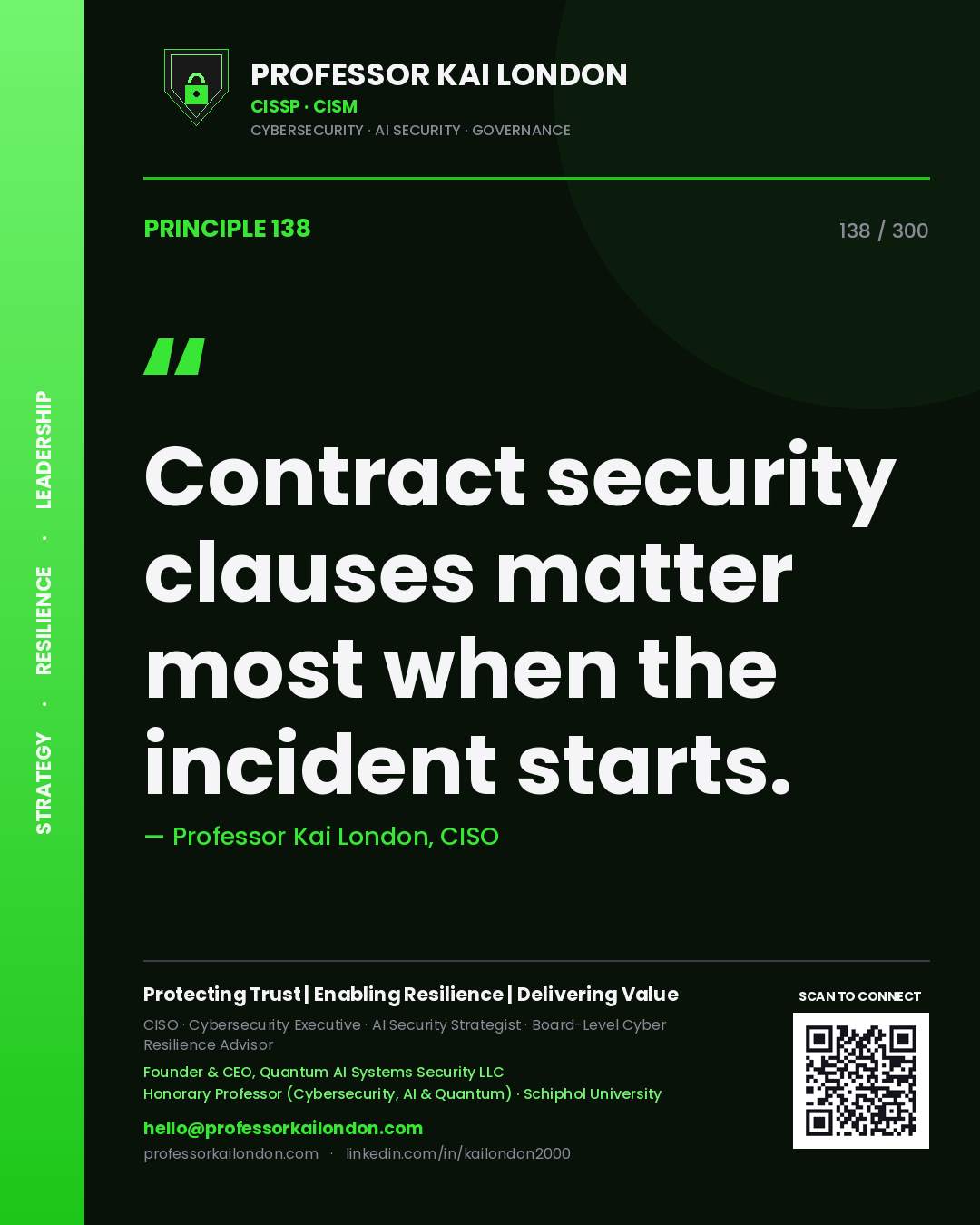 Contract security clauses matter most when the incident starts. — Professor Kai London, CISO. Principle 138 of 300 on Contract Assurance.