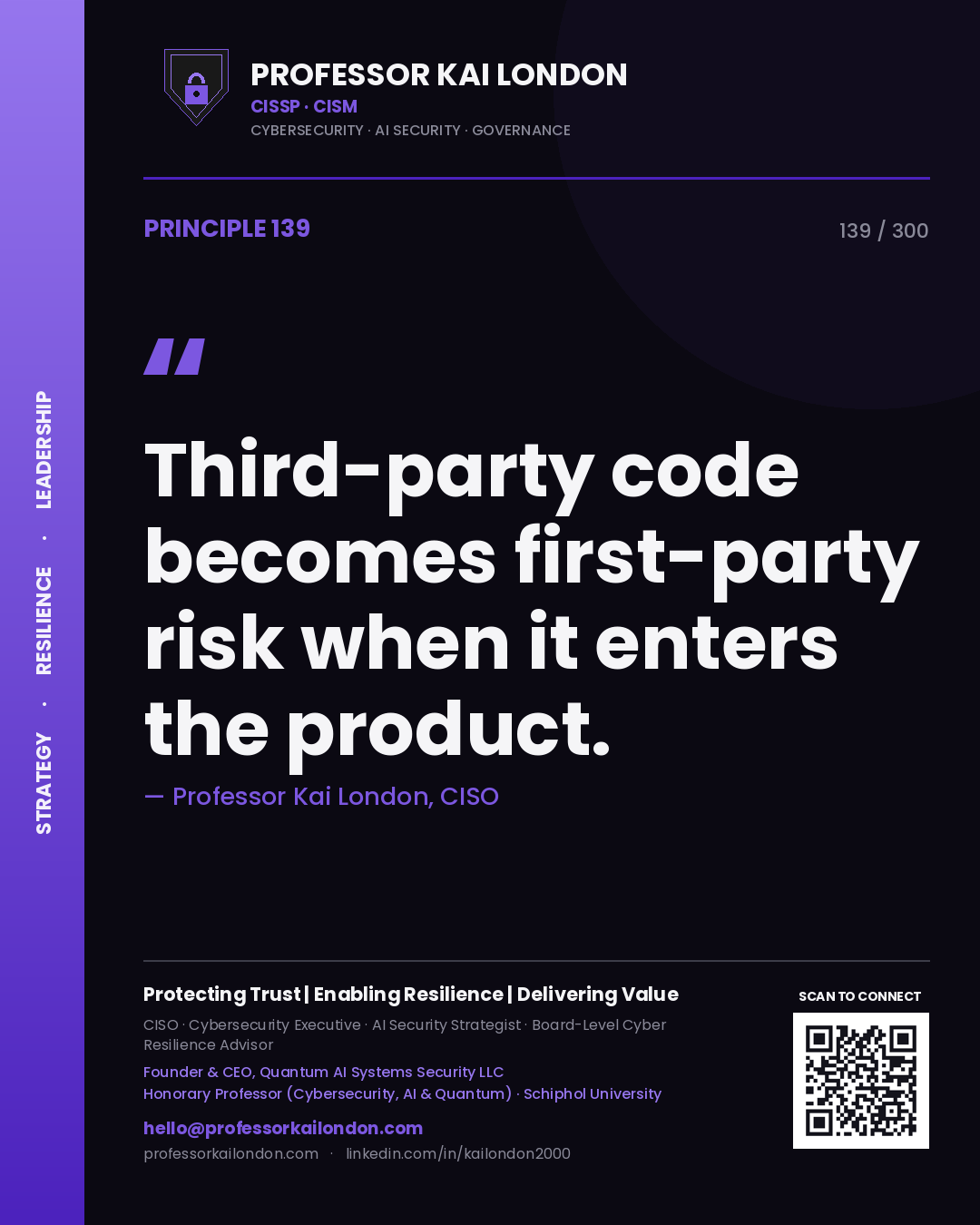 Third-party code becomes first-party risk when it enters the product. — Professor Kai London, CISO. Principle 139 of 300 on Software Supply Chain.