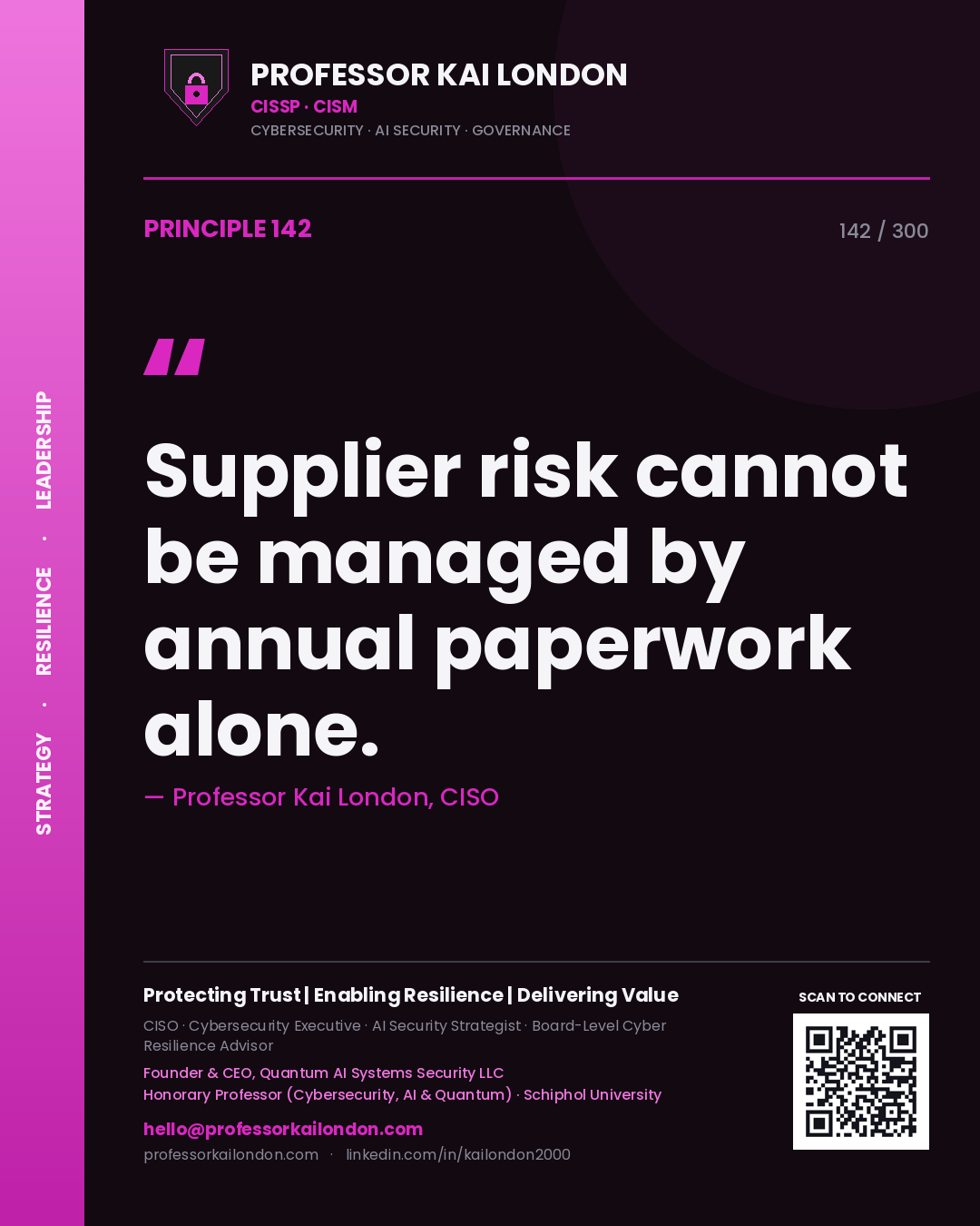 Supplier risk cannot be managed by annual paperwork alone. — Professor Kai London, CISO. Principle 142 of 300 on TPRM.