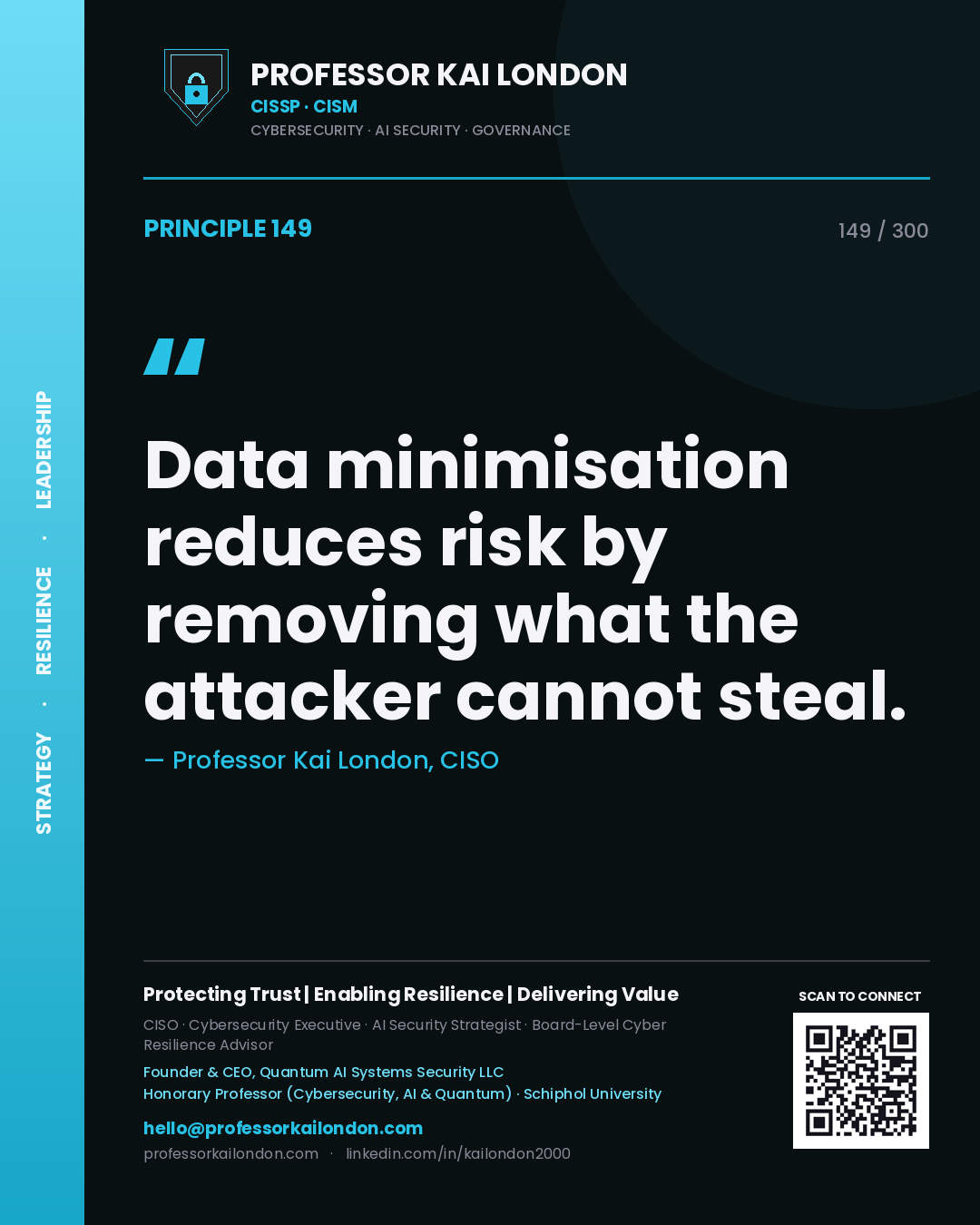 Data minimisation reduces risk by removing what the attacker cannot steal. — Professor Kai London, CISO. Principle 149 of 300 on Data Protection.