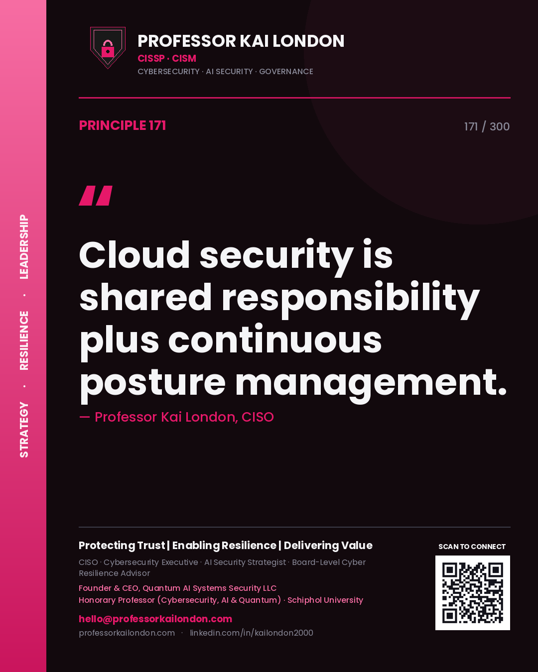 Cloud security is shared responsibility plus continuous posture management. — Professor Kai London, CISO. Principle 171 of 300 on Cloud Security.