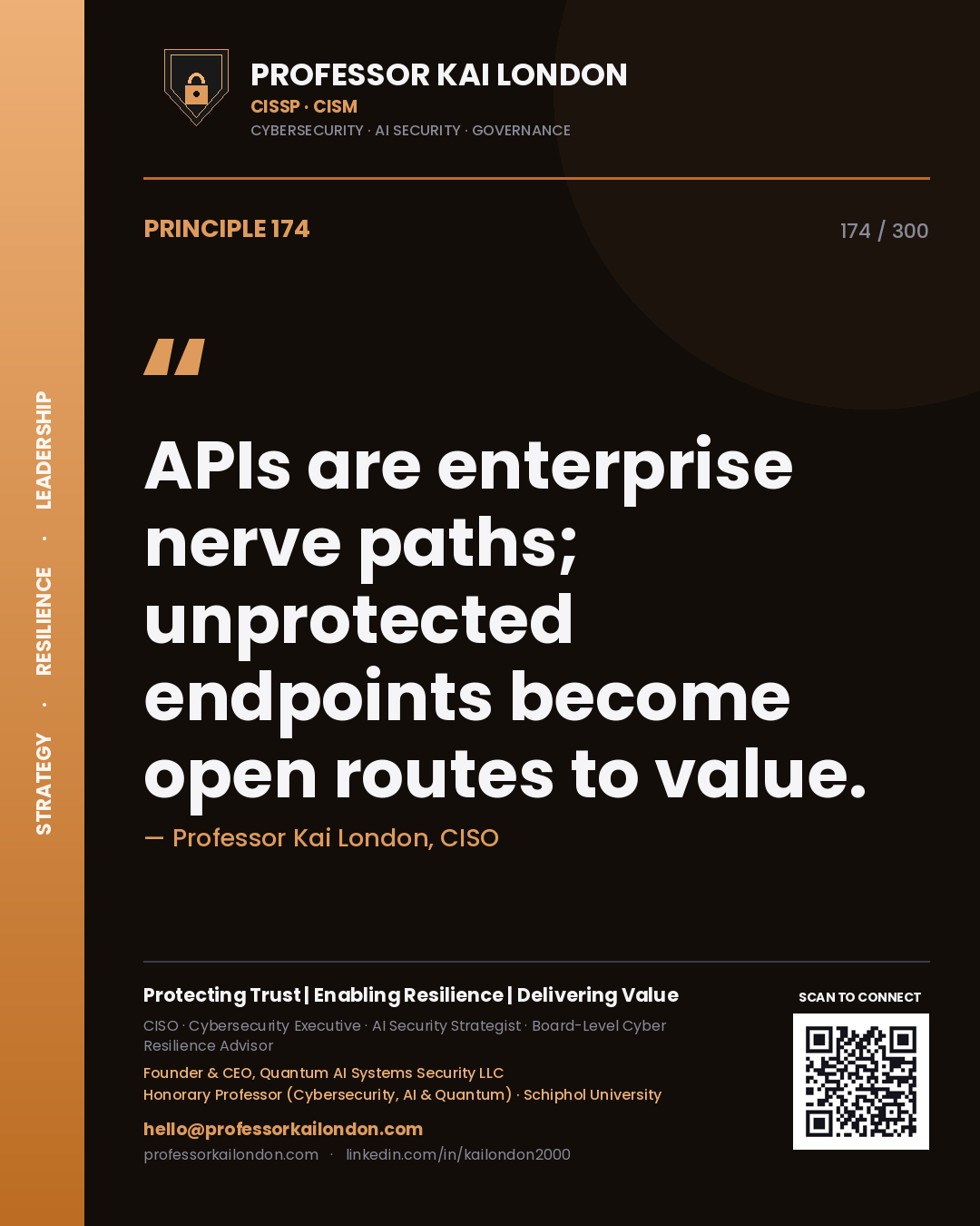 APIs are enterprise nerve paths; unprotected endpoints become open routes to value. — Professor Kai London, CISO. Principle 174 of 300 on API Security.