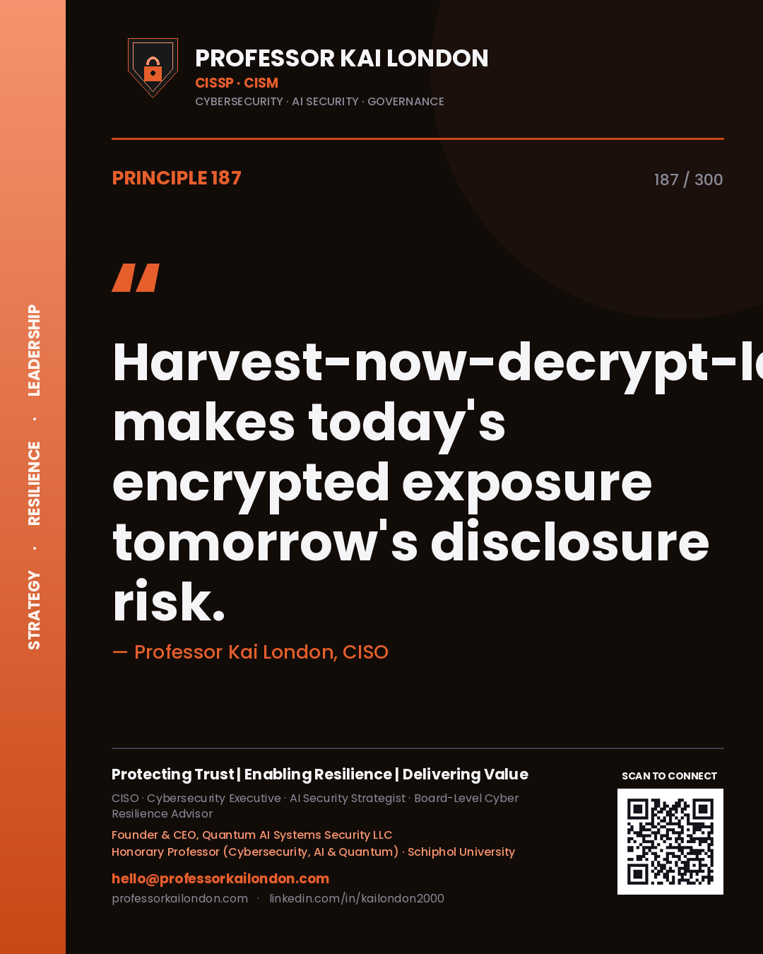 Harvest-now-decrypt-later makes today's encrypted exposure tomorrow's disclosure risk. — Professor Kai London, CISO. Principle 187 of 300 on Quantum Security.