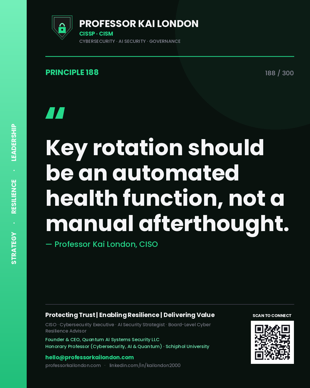 Key rotation should be an automated health function, not a manual afterthought. — Professor Kai London, CISO. Principle 188 of 300 on Key Management.