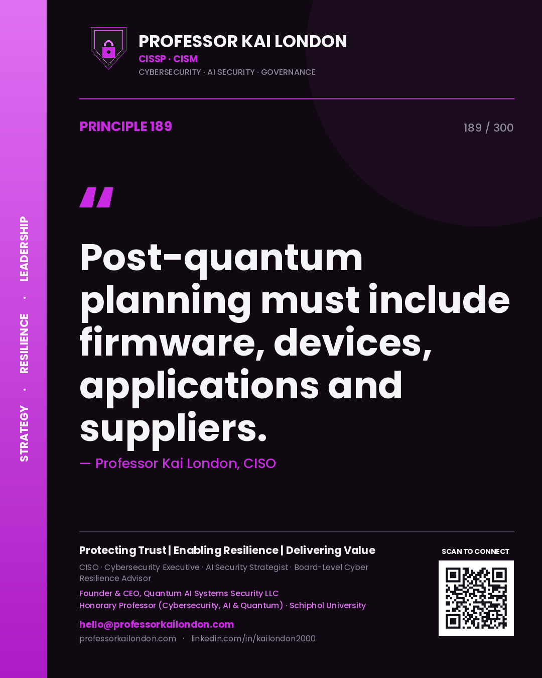 Post-quantum planning must include firmware, devices, applications and suppliers. — Professor Kai London, CISO. Principle 189 of 300 on PQC.
