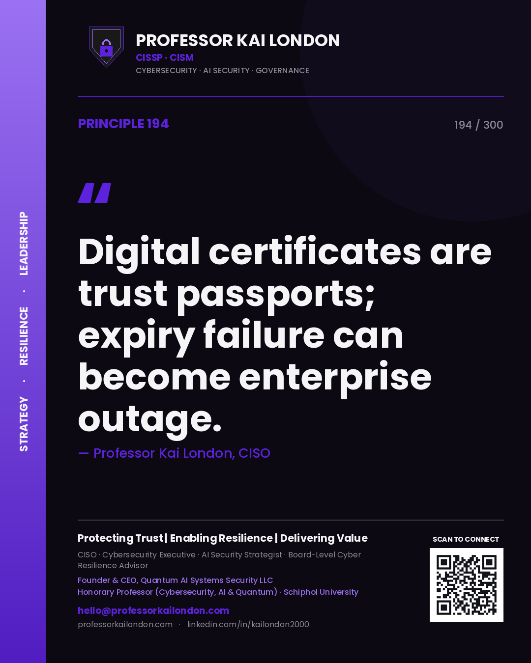 Digital certificates are trust passports; expiry failure can become enterprise outage. — Professor Kai London, CISO. Principle 194 of 300 on Certificate Management.