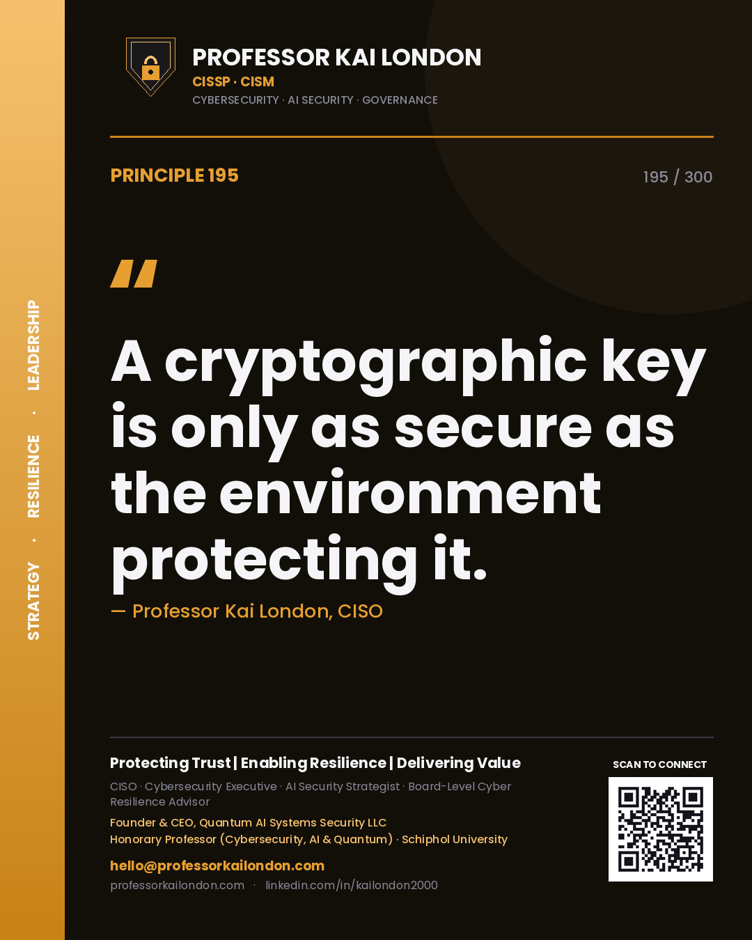 A cryptographic key is only as secure as the environment protecting it. — Professor Kai London, CISO. Principle 195 of 300 on HSM / KMS.