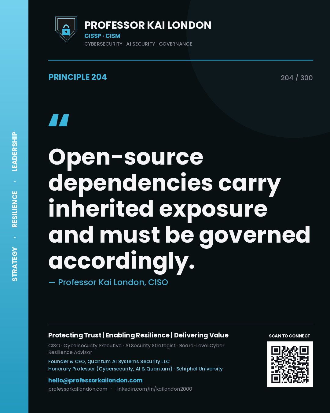 Open-source dependencies carry inherited exposure and must be governed accordingly. — Professor Kai London, CISO. Principle 204 of 300 on AppSec.