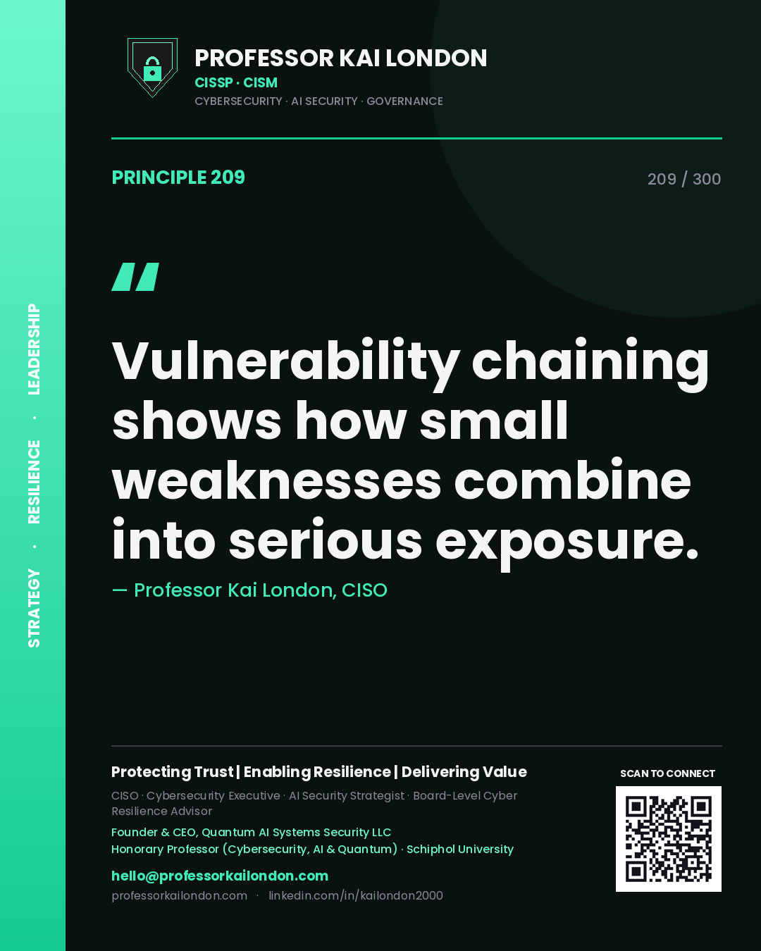 Vulnerability chaining shows how small weaknesses combine into serious exposure. — Professor Kai London, CISO. Principle 209 of 300 on AppSec.