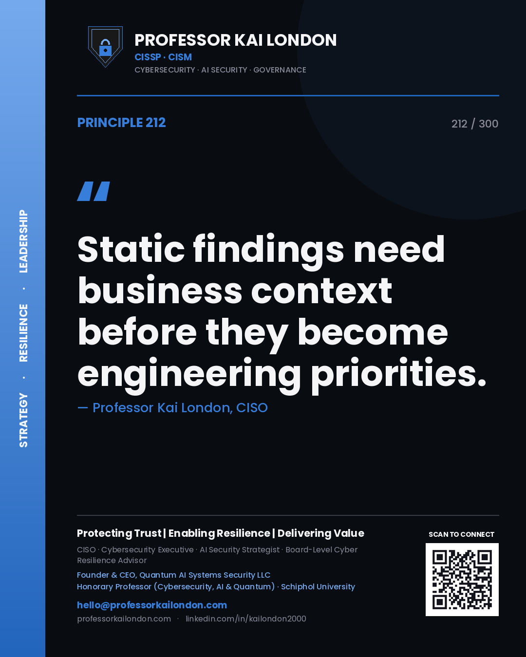 Static findings need business context before they become engineering priorities. — Professor Kai London, CISO. Principle 212 of 300 on AppSec.