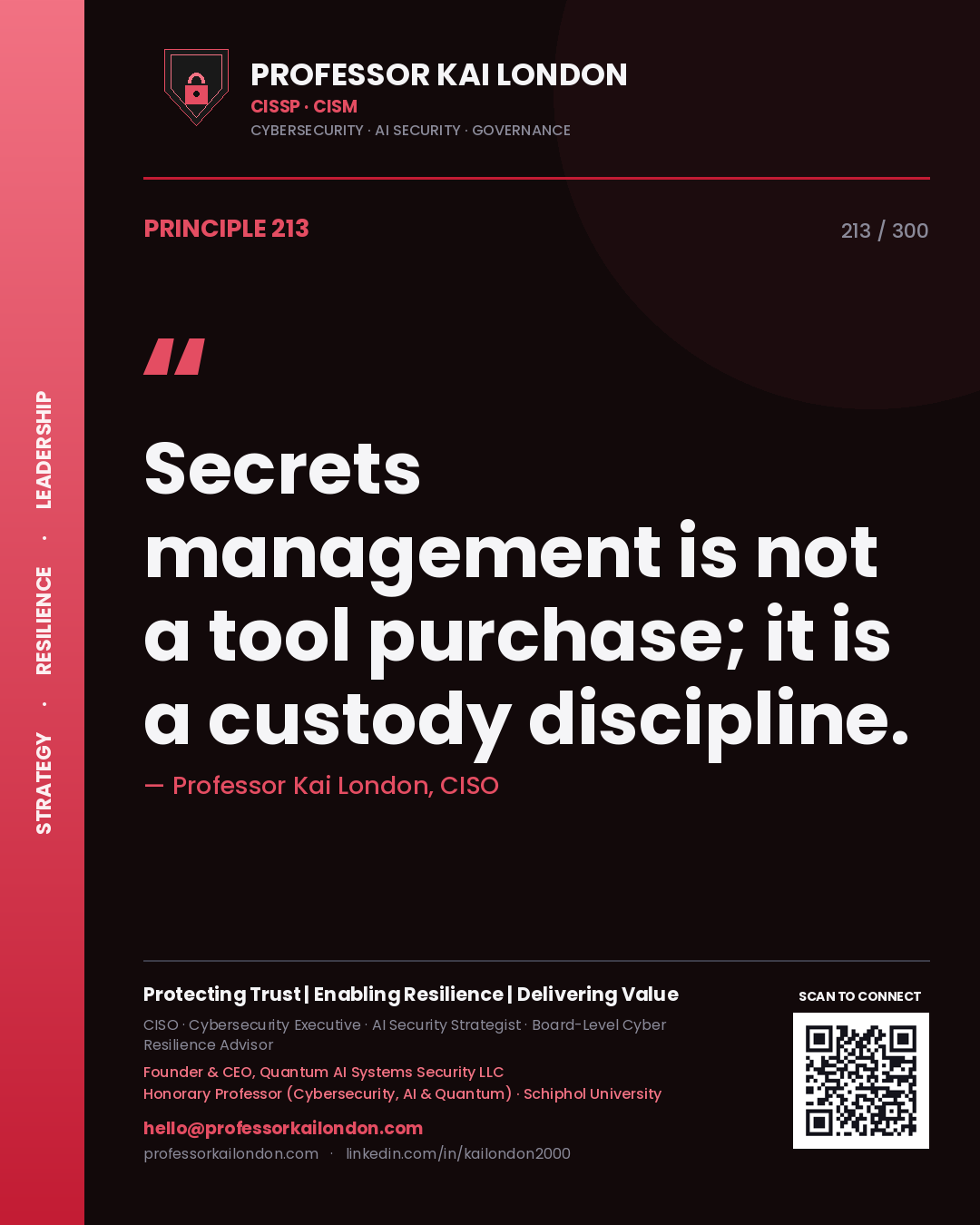 Secrets management is not a tool purchase; it is a custody discipline. — Professor Kai London, CISO. Principle 213 of 300 on DevSecOps.