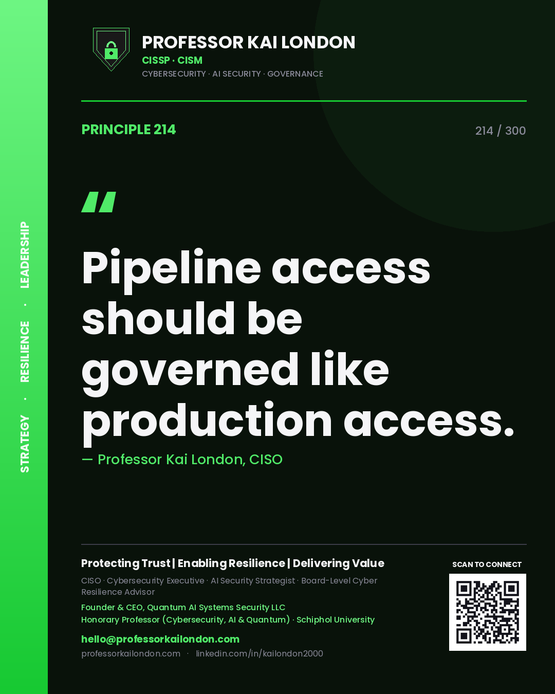 Pipeline access should be governed like production access. — Professor Kai London, CISO. Principle 214 of 300 on CI/CD Security.