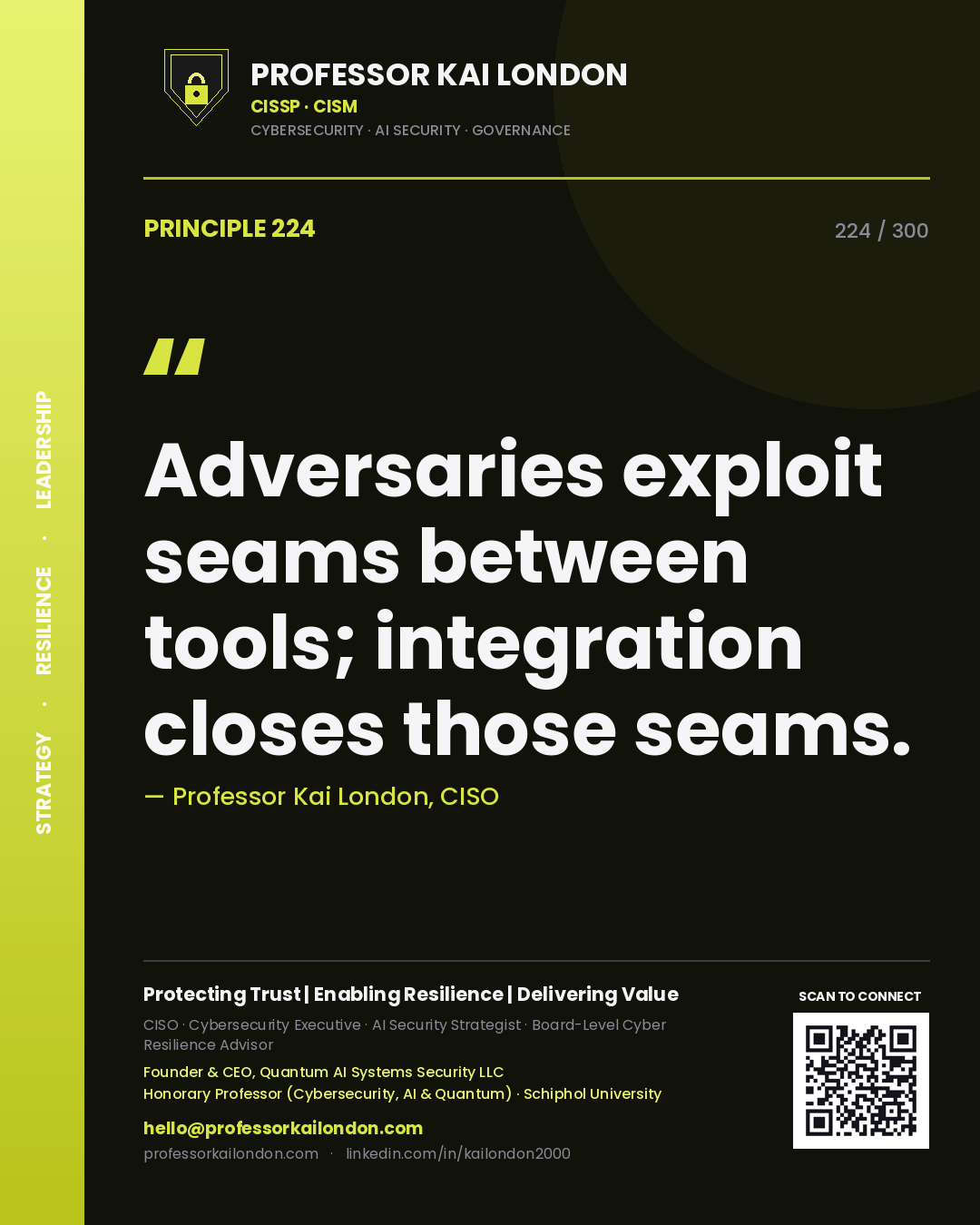 Adversaries exploit seams between tools; integration closes those seams. — Professor Kai London, CISO. Principle 224 of 300 on Security Architecture.