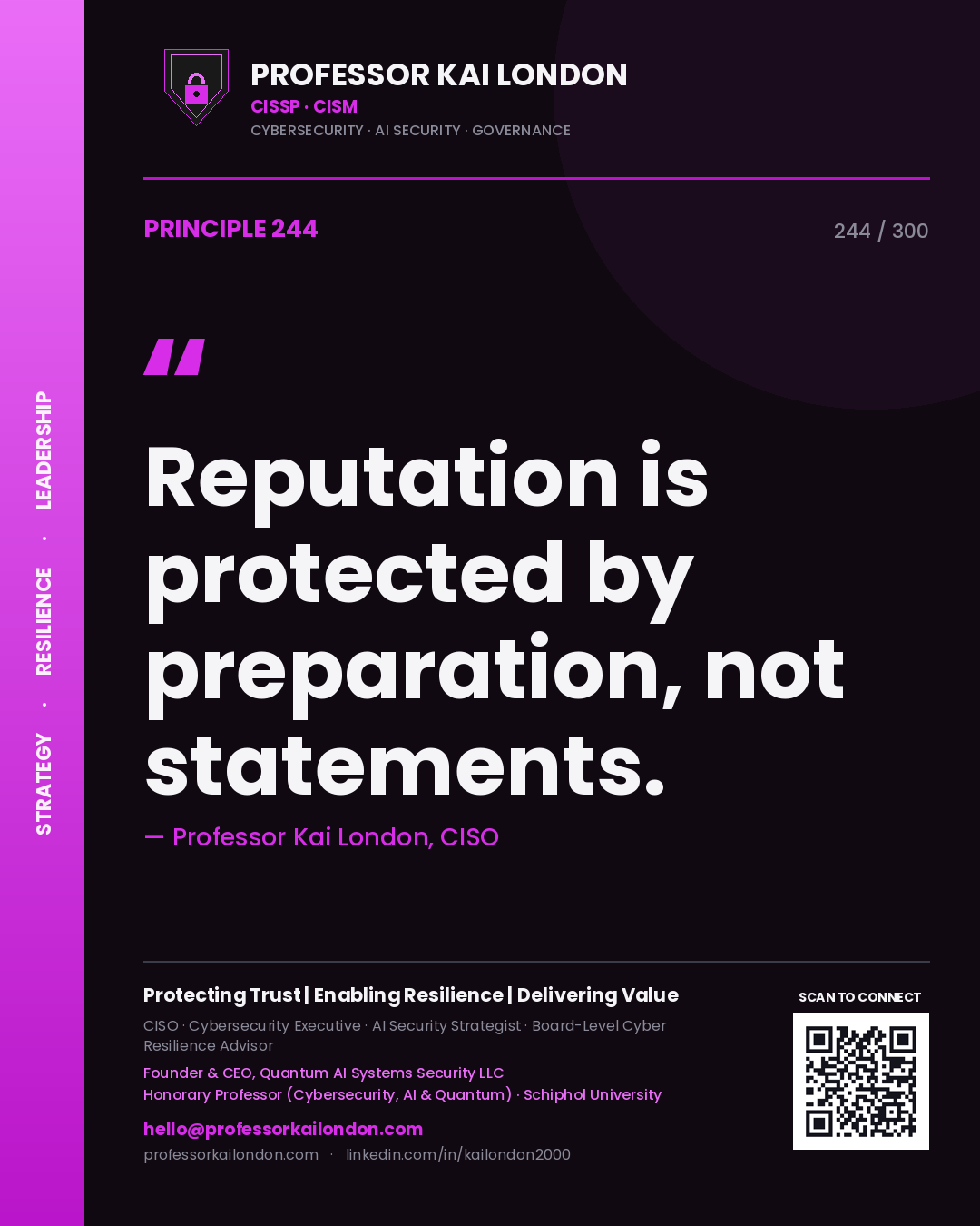 Reputation is protected by preparation, not statements. — Professor Kai London, CISO. Principle 244 of 300 on Crisis Comms.
