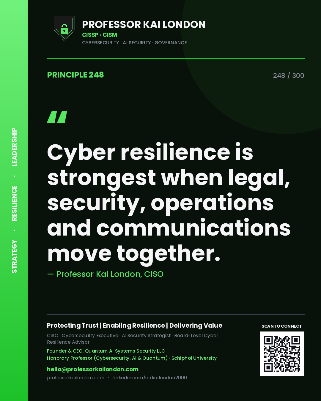 Cyber resilience is strongest when legal, security, operations and communications move together. — Professor Kai London, CISO. Principle 248 of 300 on War Room.
