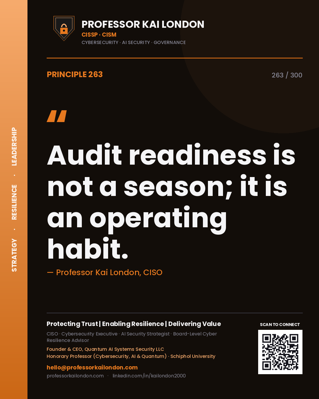 Audit readiness is not a season; it is an operating habit. — Professor Kai London, CISO. Principle 263 of 300 on Assurance.