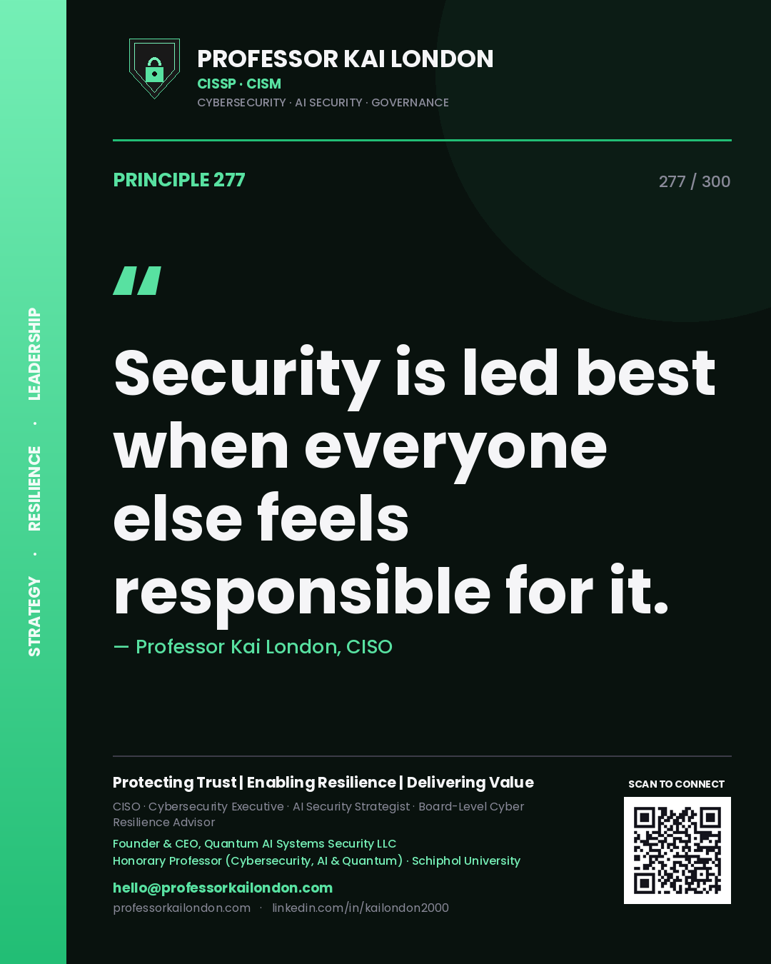 Security is led best when everyone else feels responsible for it. — Professor Kai London, CISO. Principle 277 of 300 on Leadership.
